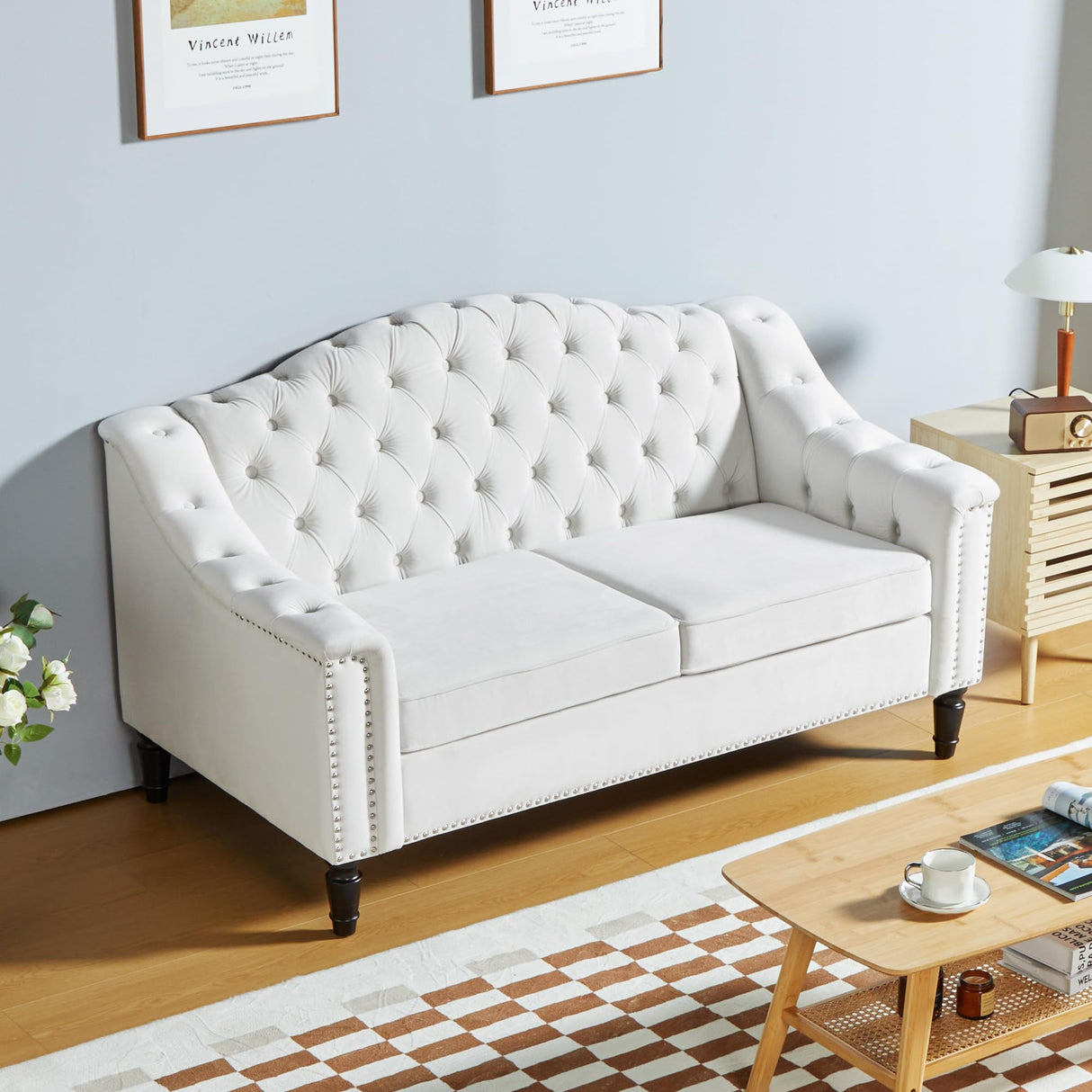 LEVNARY Chesterfield Loveseat Velvet, Upholstered Sofa with Button-Tufted Back, Mid-Century Modern Sofa with Solid Wood Legs, 2 Seater Couches for Living Room (White) LEVNARY