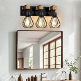 IZORRO Farmhouse Bathroom Vanity Light Fixtures, 3-Light Wood Bathroom Lighting Fixtures Over Mirror, Black Rustic Industrial Sconces Wall Lights with Metal Lampshade for Living Room, Bedroom IZORRO