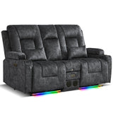 URRED Power Loveseat Recliner Sofa with Flipped Backrest Console, Wall Hugger RV Reclining Loveseat Sofa Couch with LED Light/Bluetooth Speakers/USB/Outlets/Cup Holders/Pillow/Side Pocket, Grey URRED