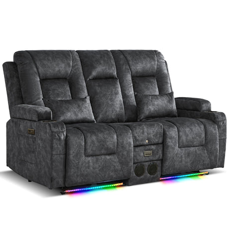 URRED Power Loveseat Recliner Sofa with Flipped Backrest Console, Wall Hugger RV Reclining Loveseat Sofa Couch with LED Light/Bluetooth Speakers/USB/Outlets/Cup Holders/Pillow/Side Pocket, Grey URRED