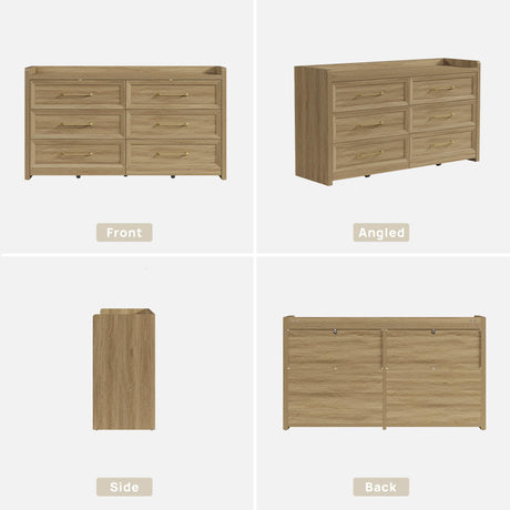 SICOTAS 6 Drawer Dresser for Bedroom-56.4" Extra-Wide Wooden Chest of Drawers with Large Storage, Long Dresser TV Stand with Drawers, Mid Century Modern Closet Dressers for Nursery, Brown Oak SICOTAS