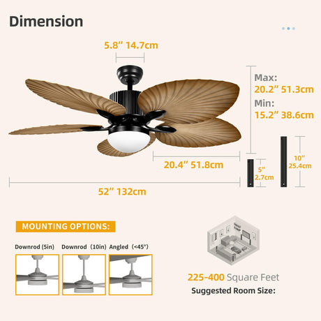 YITAHOME Tropical Ceiling Fan with LED Light and Remote, 52 Inch Outdoor Palm Leaf Fan for Patio with Memory Function, 5 Leaf Blades, Reversible DC Quiet Motor, for Porch, Farmhouse, Indoor YITAHOME