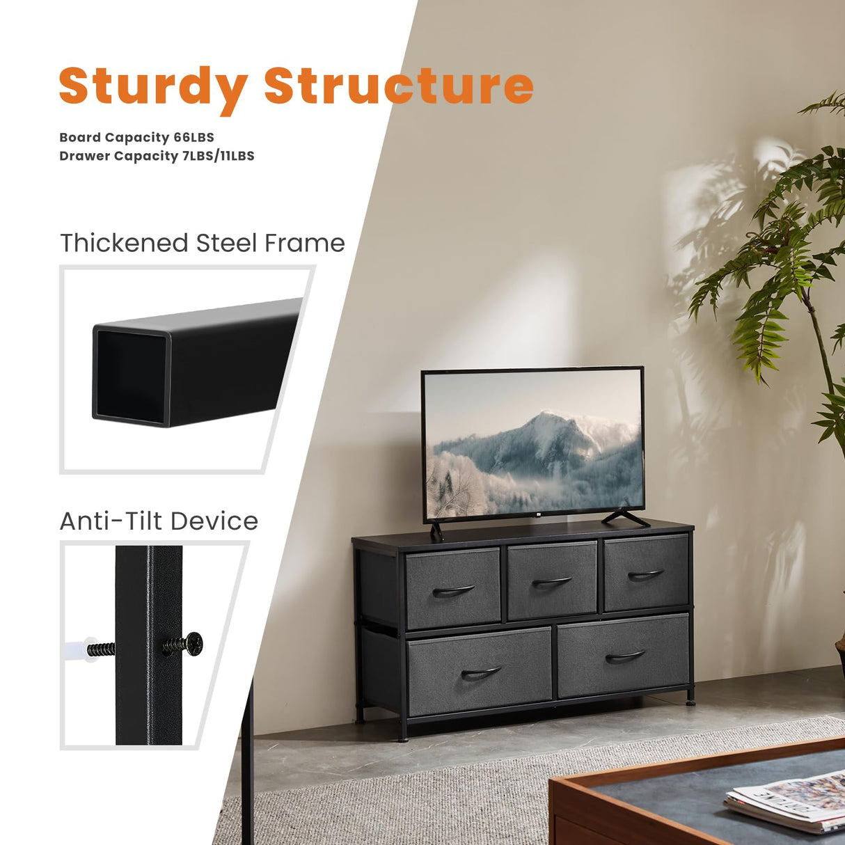 Sweetcrispy Dresser, Dresser for Bedroom Furniture, Storage Drawers, TV Stand Fabric Storage Tower with 5 Drawers, Chest of Drawers with Wooden Top for TV up to 45 inch, for Kids Room, Entryway Sweetcrispy