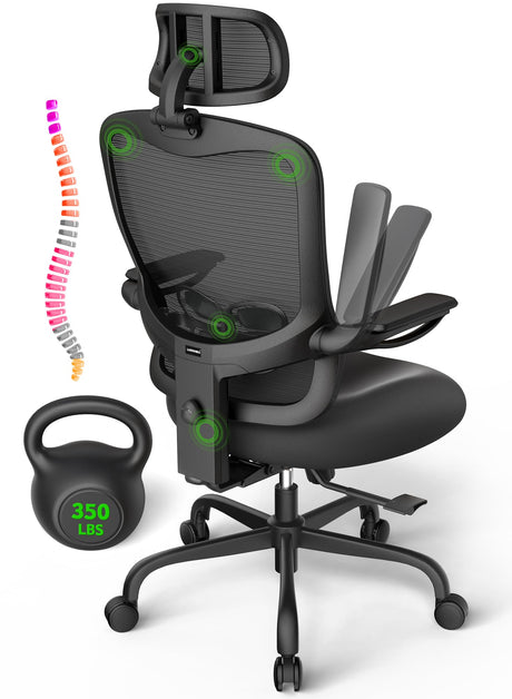Ergonomic Office Chair Big and Tall - 350LBS Capacity, 6'5" Tall Max, Computer Desk Chairs Over 10 Hours Comfortable, with Adjustable Mesh High Back, Lumbar Support, 3D Headrest, Flip-up Arms LANDOMIA