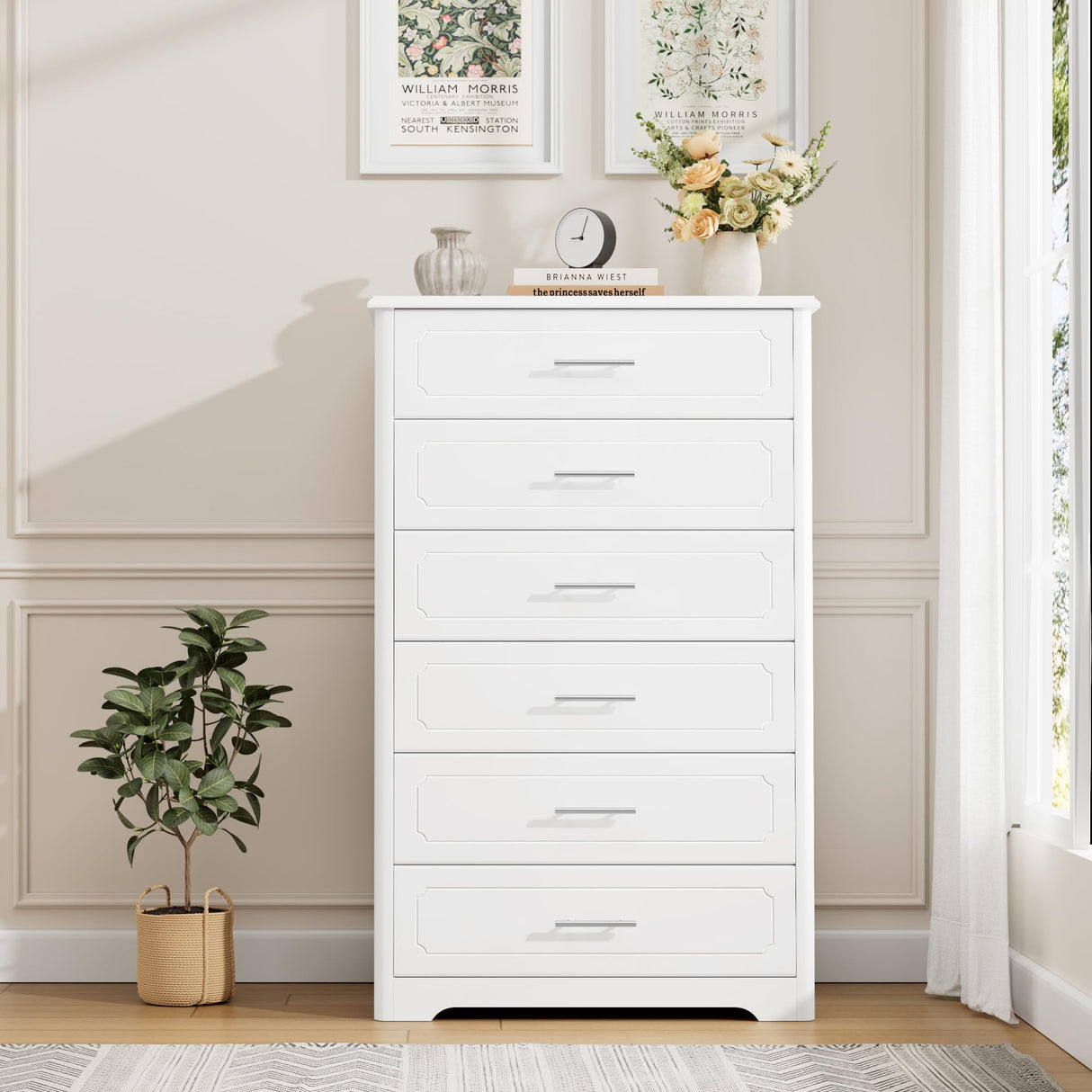 HITHOS Tall Dresser for Bedroom, White Dresser, Modern 6 Drawer Dresser for Closet, 31.5" Wide Wood Chest of Drawers, Vertical Dresser Chest Storage Cabinet for Living Room, Entryway, Hallway, White HITHOS