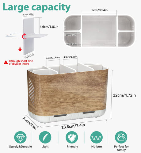Boperzi Toothbrush and Toothpaste Holder Wood Grain for Bathroom Countertop with Adjustable Dividers, Toothpaste Caddy Organizer Storage Rustic Decor Set Freestanding Anti-Slip for Shower,Family,Kids Boperzi