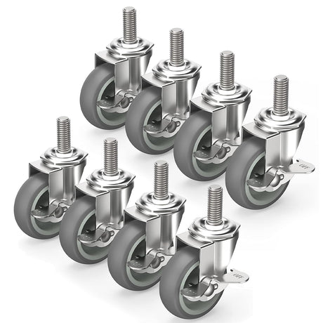 HOLKIE Caster Wheels 3 inch Locking Stem Casters, 3/8" -16 x 1-1/2" (Stem Diameter 3/8", Stem Length 1-1/2") Threaded Stem Casters Swivel Casters Set of 8 Heavy Duty Castors Gray HOLKIE