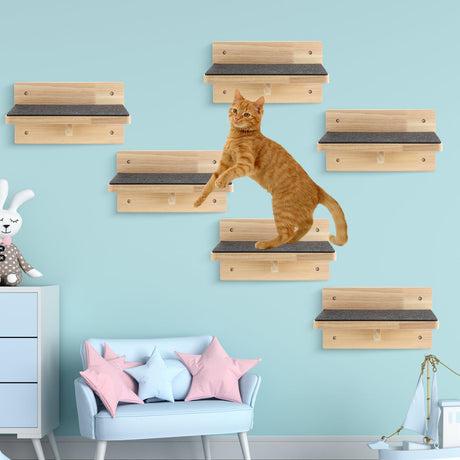 Lenwen Set of 6 Cat Wall Steps Shelf Shelves Wood Cat Climbing Shelves for Cat Mounted Furniture Cat Wall Bed Wood Cat Stairs with Non Slip Felt for Springboard Playing(Classic) Lenwen