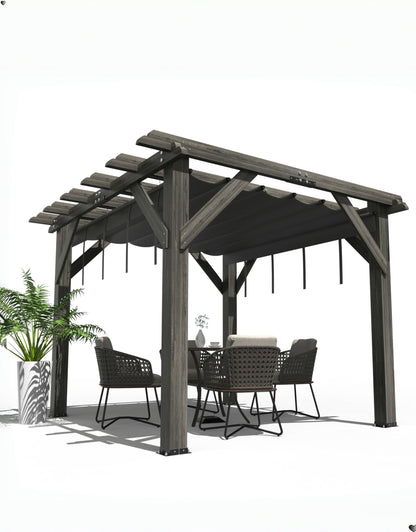 GAOMON 10 X 10 FT Wood Pergola, Solid Structure, Retractable Shade Canopy, Outdoor Wooden Pergola for Patio, Backyard, Deck, Garden