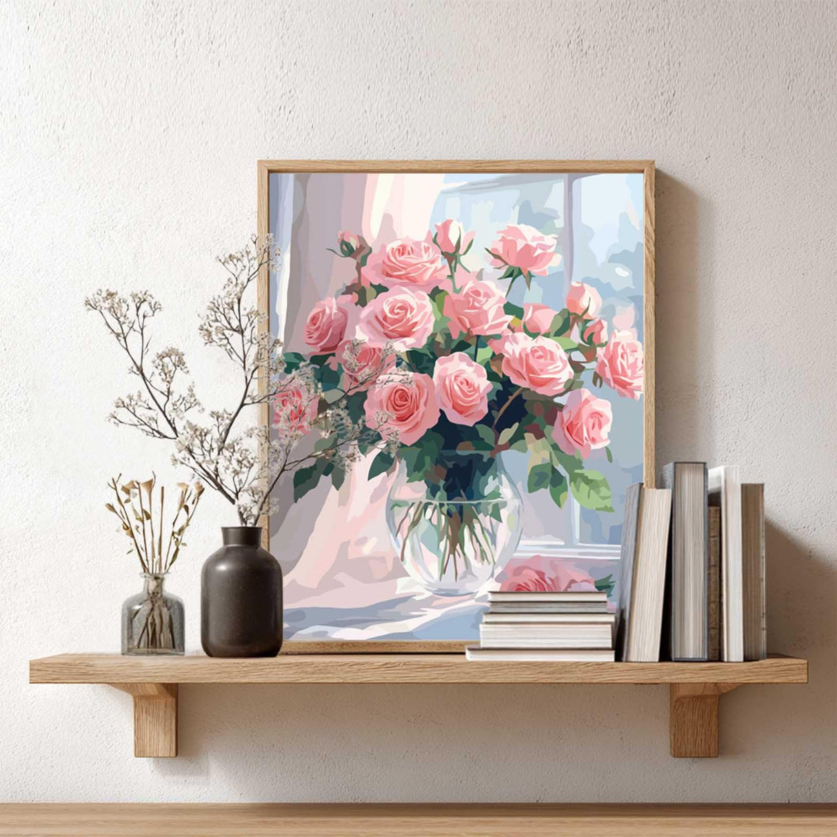 Pink Roses Paint by Numbers for Adults, Flowers in Glass Vase Paint by Number Kits, Window Landscape Wall Art, Floral Flower DIY Acrylic Painting, Home Wall Decor(16x20inch, No Frame) zouewit