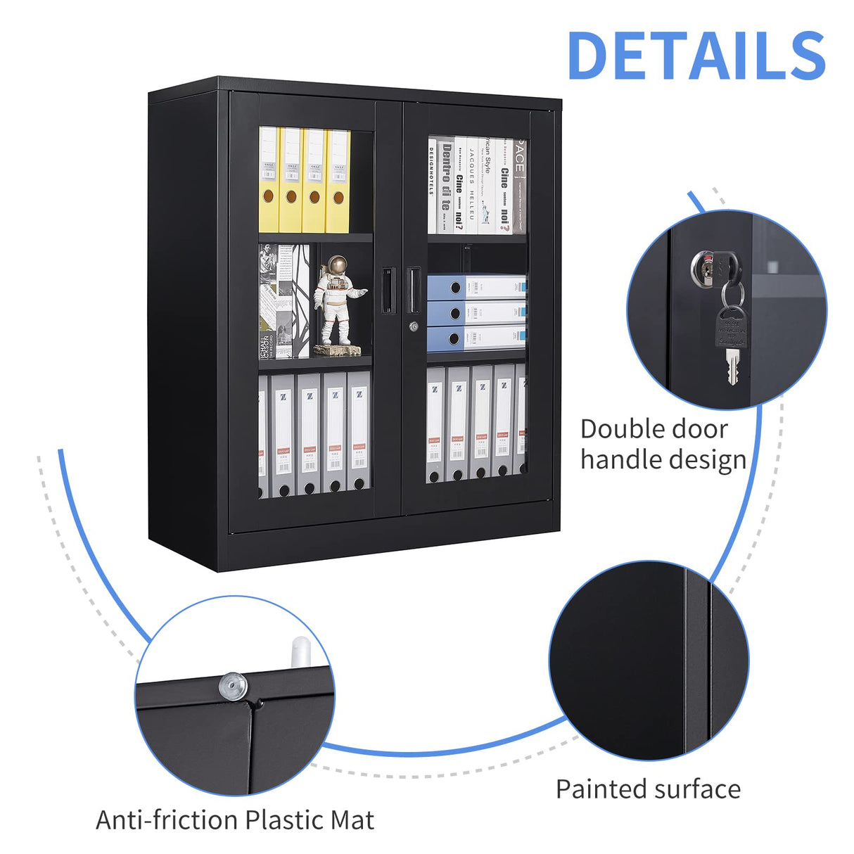 Yizosh Metal Storage Cabinet with Glass Doors - 35.4" Locking Display Cabinet with 2 Adjustable Shelves, 3-Tier Steel Cabinet Locker for Home Office, Living Room, Bedroom (Black) Yizosh