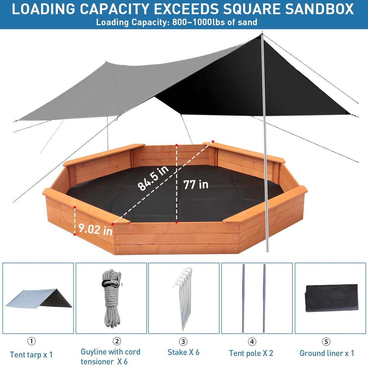 Luyitton Large Octagon Sandbox 84.5"x 77"x 9.02" Wooden Outdoor Kids Sand Pit with Canopy Tarp, Gift for Ages 2-8 Years Old Backyard Garden Easy Assembly luyitton