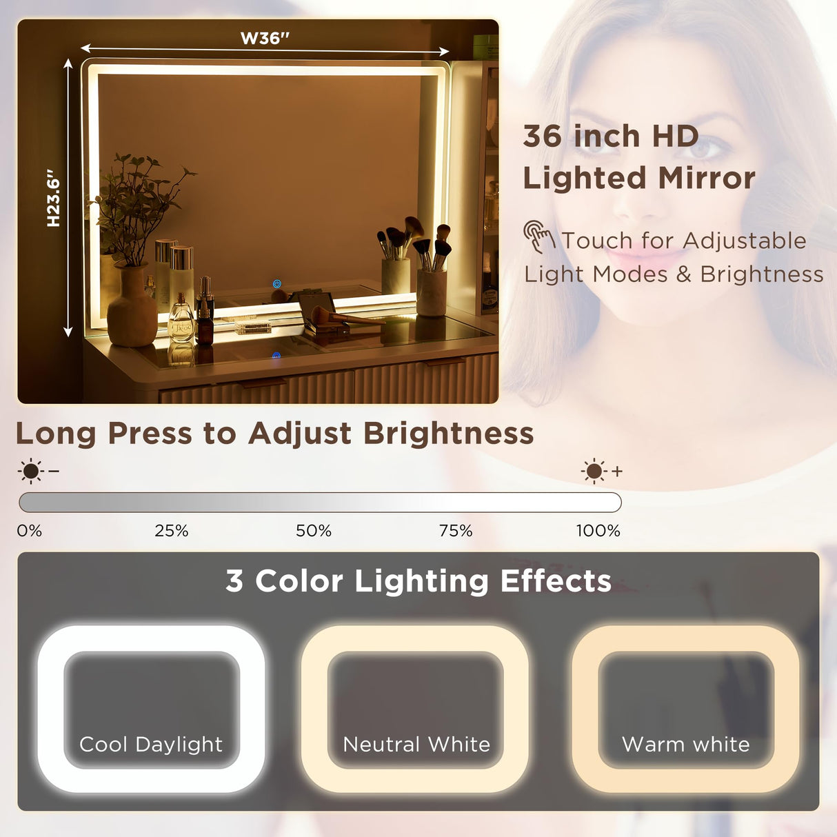 T4TREAM 48" Fluted Makeup Vanity Desk with Large 36" Mirror and Lights, Modern Glass Top Big Vanity Table with 5 Drawers & Adjustable Shelves, Dressing Table Set w/Charging Station for Bedroom, White T4TREAM