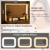 T4TREAM 48" Fluted Makeup Vanity Desk with Large 36" Mirror and Lights, Modern Glass Top Big Vanity Table with 5 Drawers & Adjustable Shelves, Dressing Table Set w/Charging Station for Bedroom, White T4TREAM