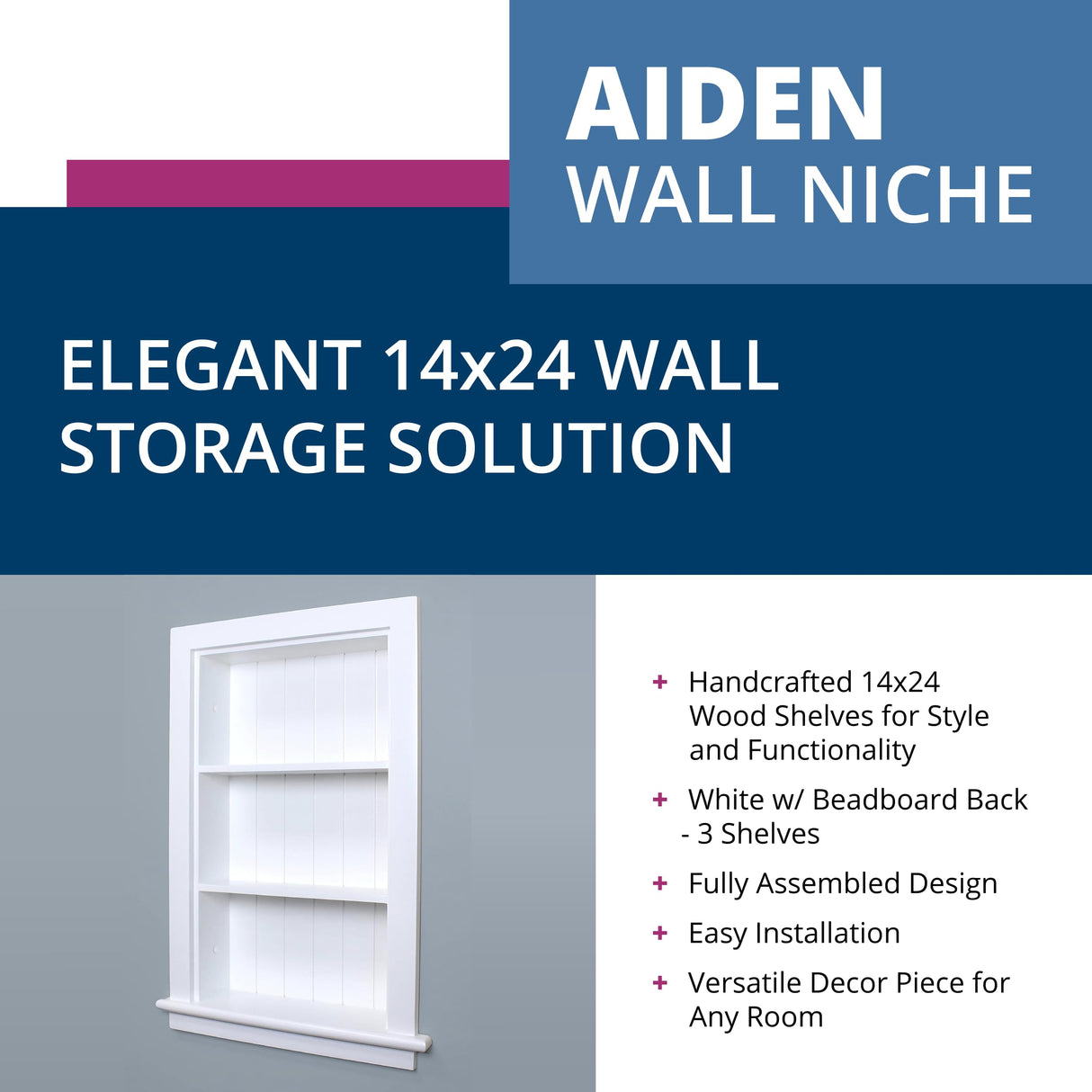Fox Hollow Furnishings 14x24 Aiden Recessed Wall Niche Medicine Cabinet Replacement, in The Wall Bathroom Cabinet Insert Shelf/Shelves, Made in North America, Real Wood, NO MDF, Beadboard, White Fox Hollow Furnishings