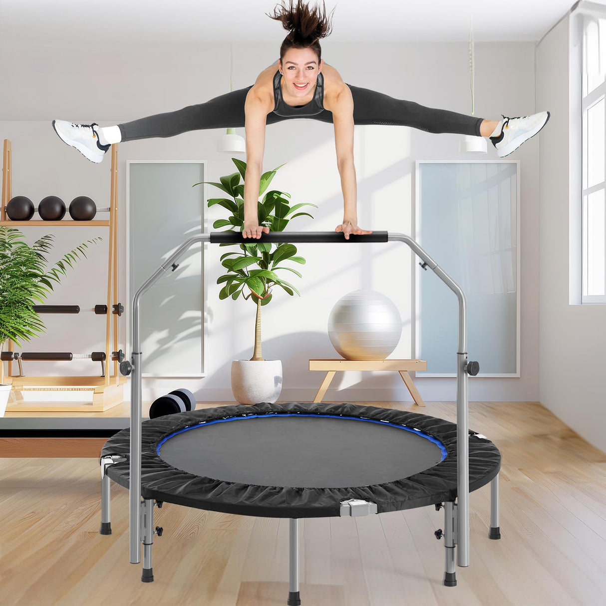 DUMOS 40" Rebounder Trampoline for Adults with Handle, Exercise Trampoline Foldable Indoor Mini Rebounders with Adjustable Bar for Workout Fitness Max Load 330lbs DUMOS
