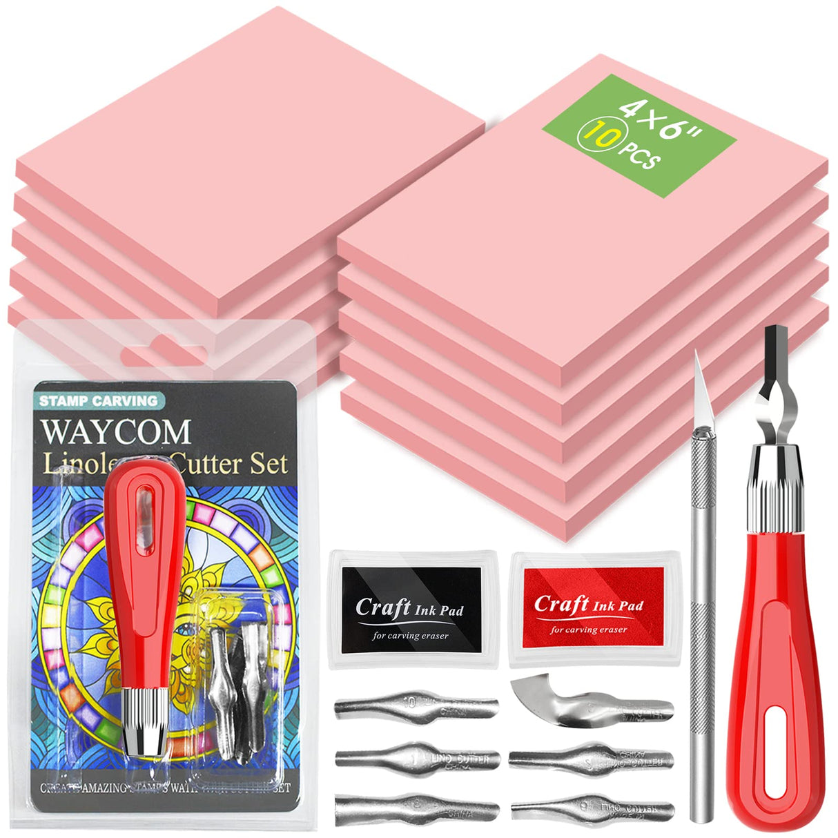 WAYCOM 10-Pack Linoleum Blocks for Printmaking with Cutter Tools, Rubber Stamp Making Kit Rubber Block Stamp Carving Blocks Craft Ink Pad Hobby Knife Pencil for DIY Printmaking,Printing and More WAYCOM