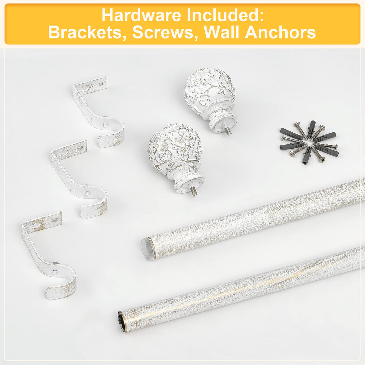 RYB HOME White Curtain Rod 48 to 86 Inch, 1 Inch Diameter Adjustable Telescoping Single Drapery Rod with Leaf Pattern Ball Finials Rustic Decor for Farmhouse Dining Room Decor Kids Bedroom RYB HOME