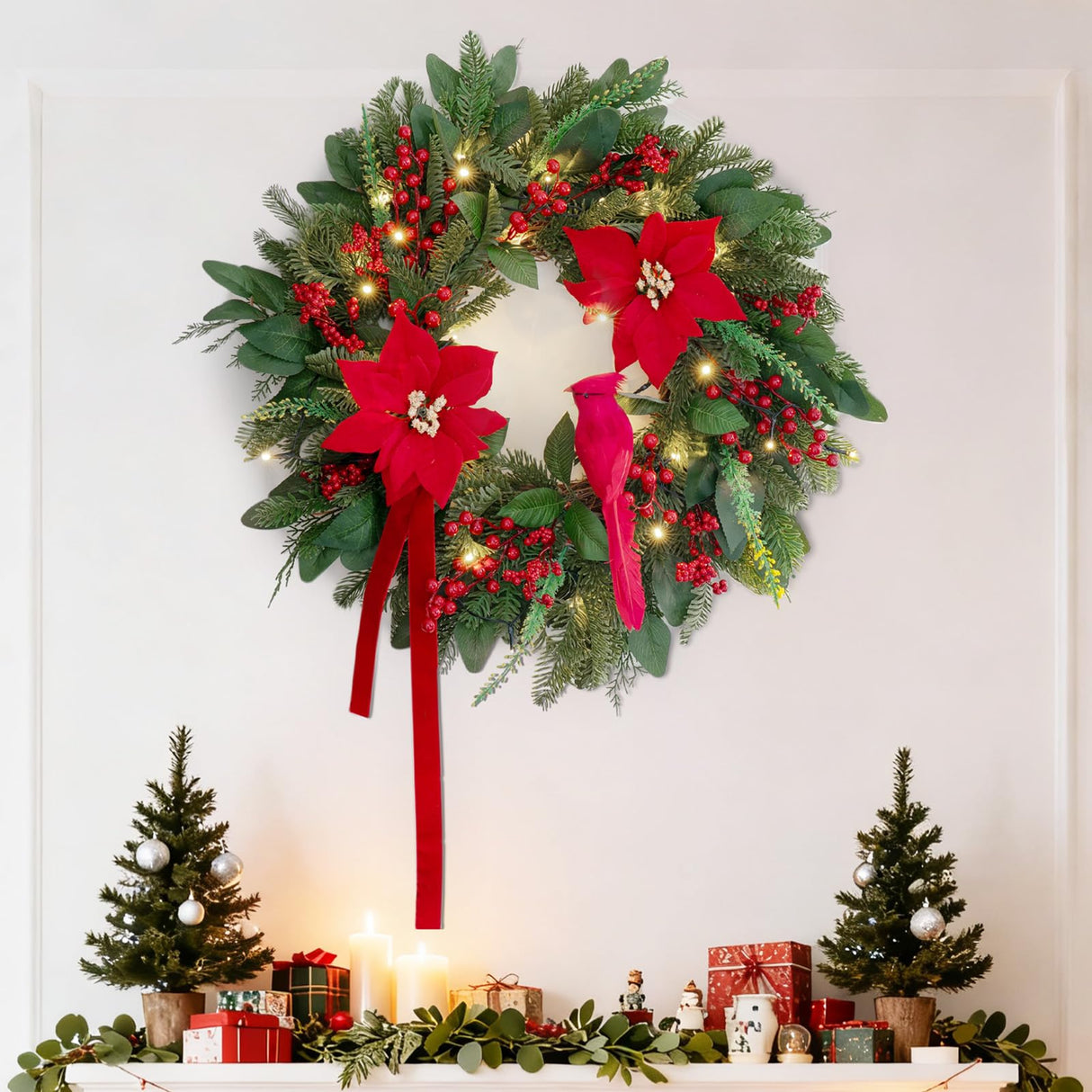 Pinkpuii Pre-Lit Christmas Wreaths for Front Door 24 Inch Christmas Wreath with Lights,Large Winter Wreath with Cardinal Birds,Poinsettia,Green Evergreen Pine Needles Red Berries Holiday Wreath Decor Pinkpuii