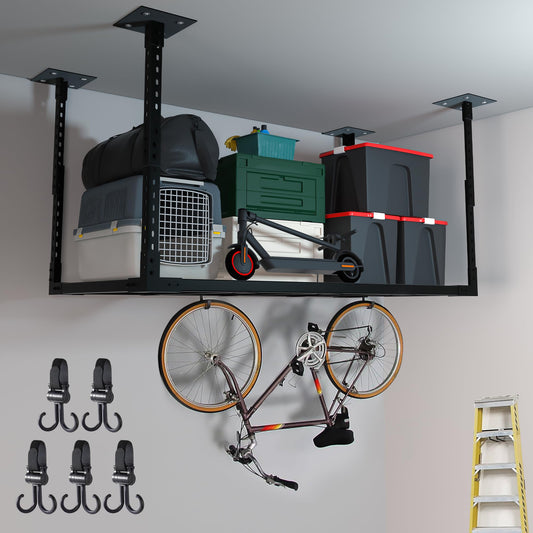 VWZ 2×4' Overhead Garage Storage Rack, Adjustable Garage Ceiling Storage Racks, Heavy Duty Garage Shelving, Garage Hanging Storage Racks with A Load Capacity of up to 1100 Lbs, Black. (Bottomless)