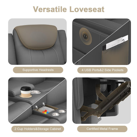 Dresegmt Loveseat Recliner Sofa, Gray PU Leather Double Recliner Loveseat with Console, Cup Holders, Storage & USB Ports, Ergonomics， Manual Reclining Sofa Couch for Living Room, RV Dresegmt