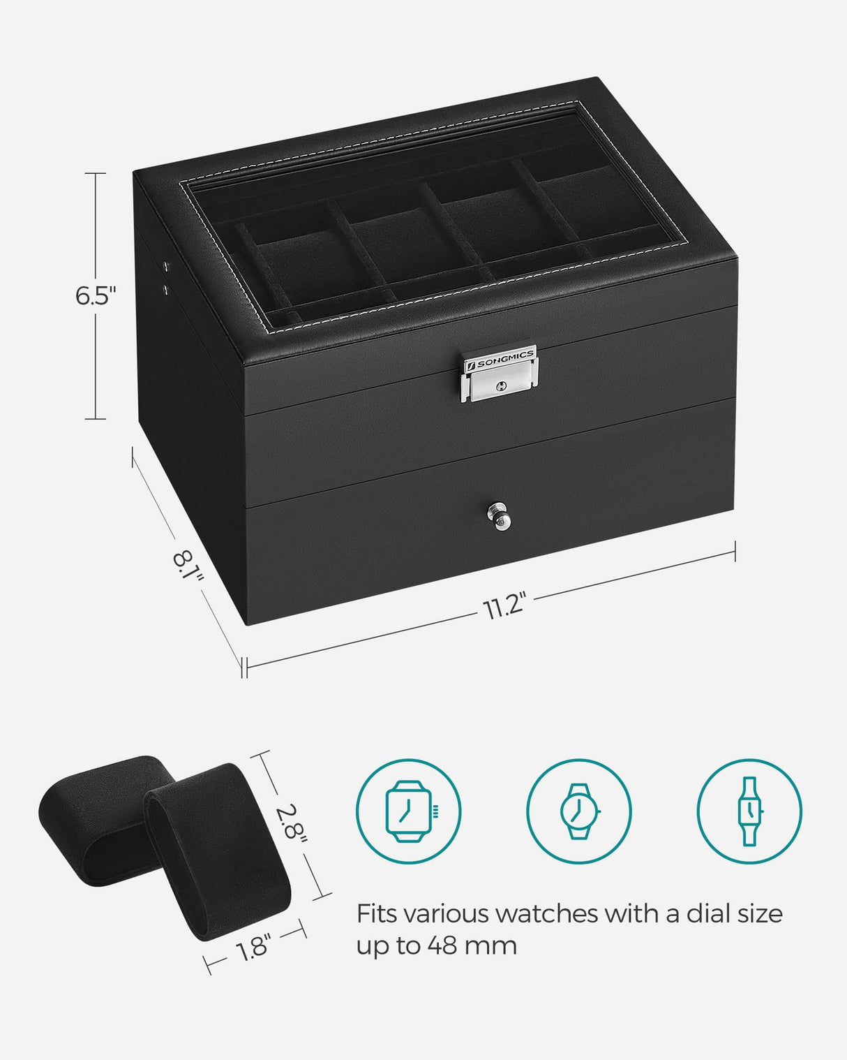 SONGMICS 20-Slot Watch Box, Watch Case with Glass Lid, 2 Layers, Lockable Watch Display Case, Black Synthetic Leather, Black Lining UJWB020B01 SONGMICS