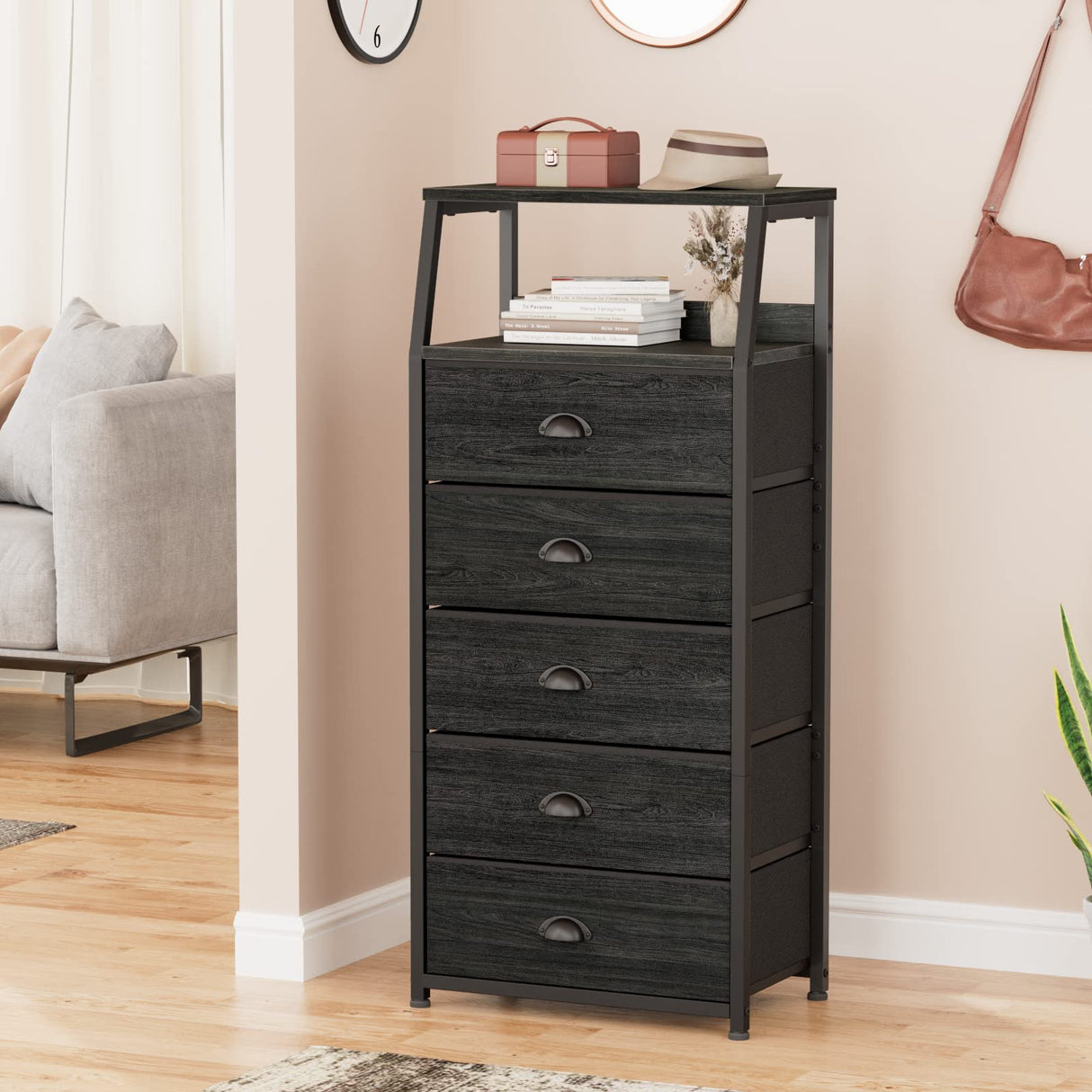 Furnulem Black Dresser with 5 Drawers, Vertical Storage Tower Fabric Dresser for Bedroom, Hallway, Entryway, Nursery, Closet Organizer, Nightstand Bedside Table Furniture, Sturdy Steel Frame, Wood Top Furnulem