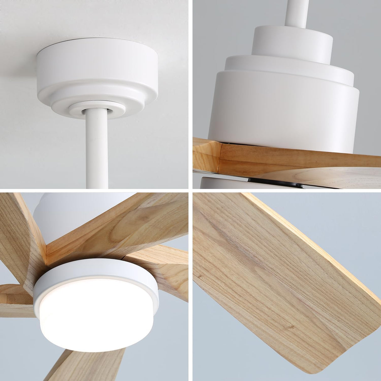 POPFAN 52 Inch Modern Ceiling Fan With Dimmable LED Light 5 Solid Wood Blades Smart Remote Control Reversible DC Motor for Bedroom, Living Room, White (White & Woodgrain) POPFAN