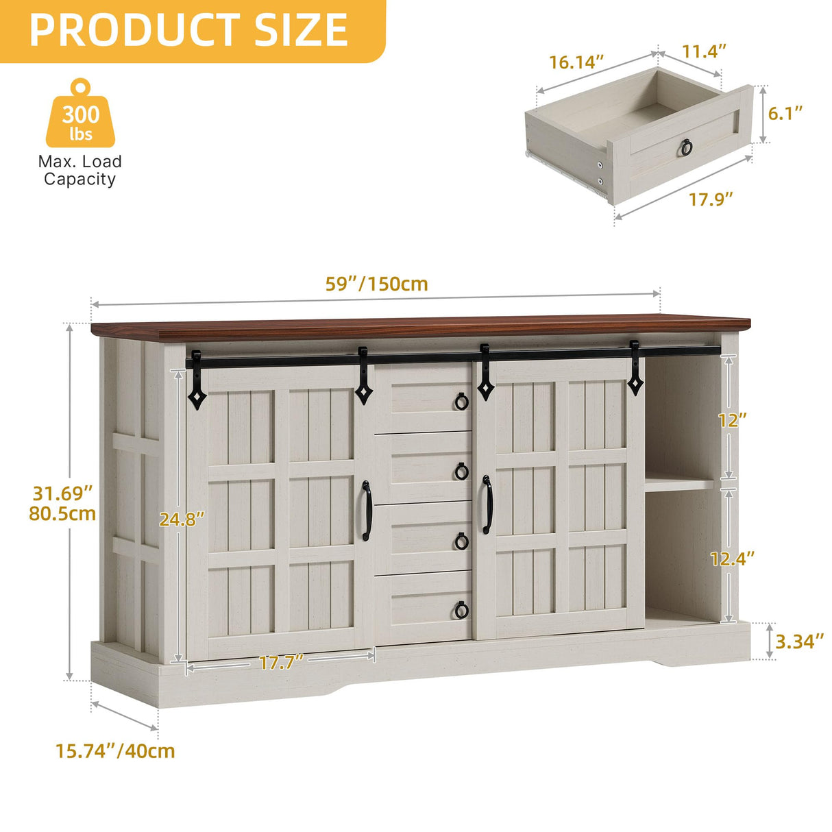 DWVO Farmhouse Sideboard Buffet Cabinet with Storage, Large Kitchen Cabinet w/Sliding Barn Doors and 4 Drawers, for Dining Room, White DWVO