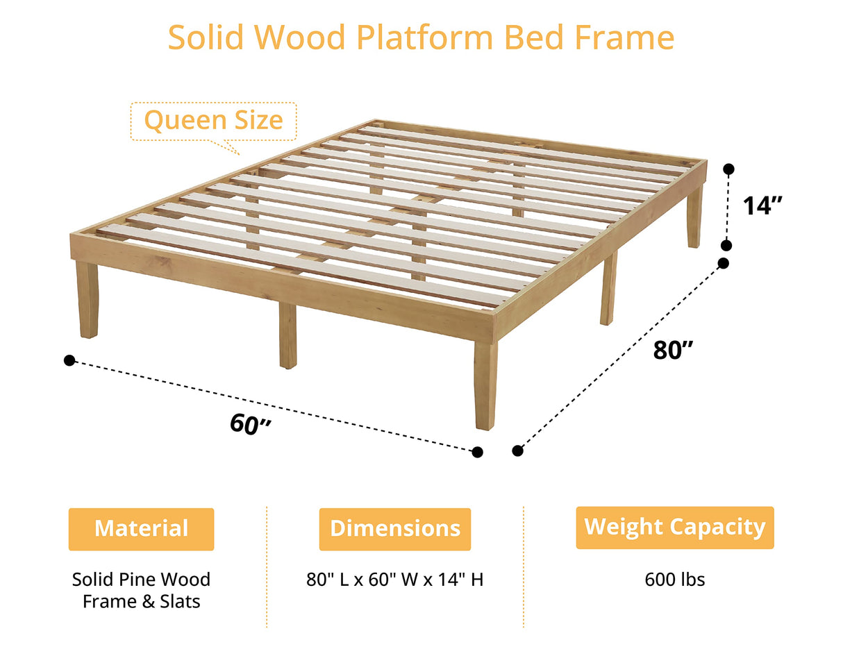 Naomi Home 14 Inch Natural Solid Wood Queen Platform Bed Frame with Silent Slats and Under-Bed Storage Naomi Home
