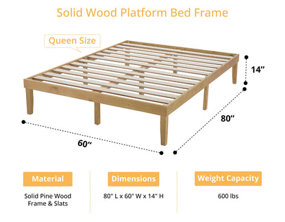 Naomi Home 14 Inch Natural Solid Wood Queen Platform Bed Frame with Silent Slats and Under-Bed Storage - WoodArtSupply