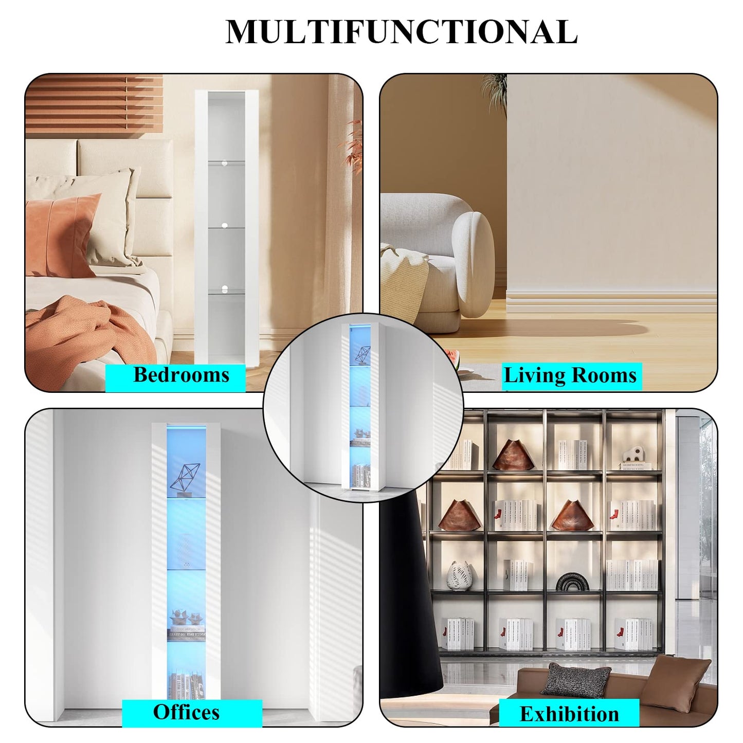 HomVent Modern LED Bookcase Display Cabinet with Glass Doors - Stylish Organiser for Living Room, Bedroom & Office