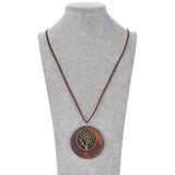 HUNO Tree of Life Pendant Necklace Long Leather Chain Statement Wooden Necklace for Women Vintage Wood Jewelry HUNO