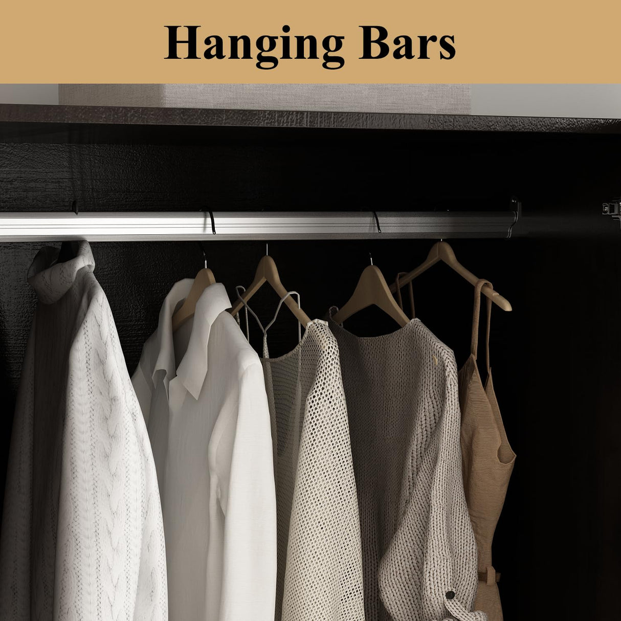 WOODTIME 4-Door Armoire Wardrobe Closet with Mirror, 63" L Modern Wooden Bedroom Armoire with 2 Drawers, 2 Hanging Bars & 7 Shelves, Black Brown WOODTIME