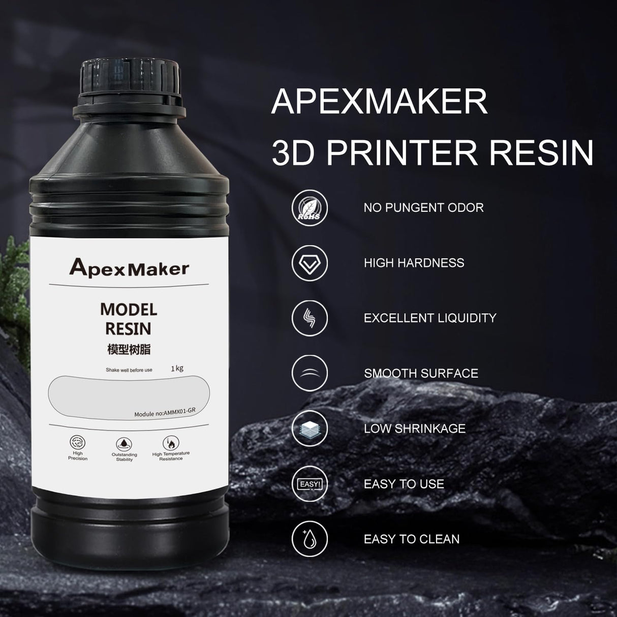 ApexMaker 3D Printer Resin, Photopolymer Resin, High Precision, Low Odor, Rapid Cure for LCD DLP SLA 3D Printers - 385-405nm UV Curing Technology, Premium Quality Liquid Resin - 1000g, Grey ApexMaker