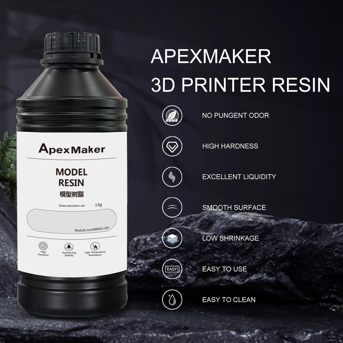 ApexMaker 3D Printer Resin, Photopolymer Resin, High Precision, Low Odor, Rapid Cure for LCD DLP SLA 3D Printers - 385-405nm UV Curing Technology, Premium Quality Liquid Resin - 1000g, Grey