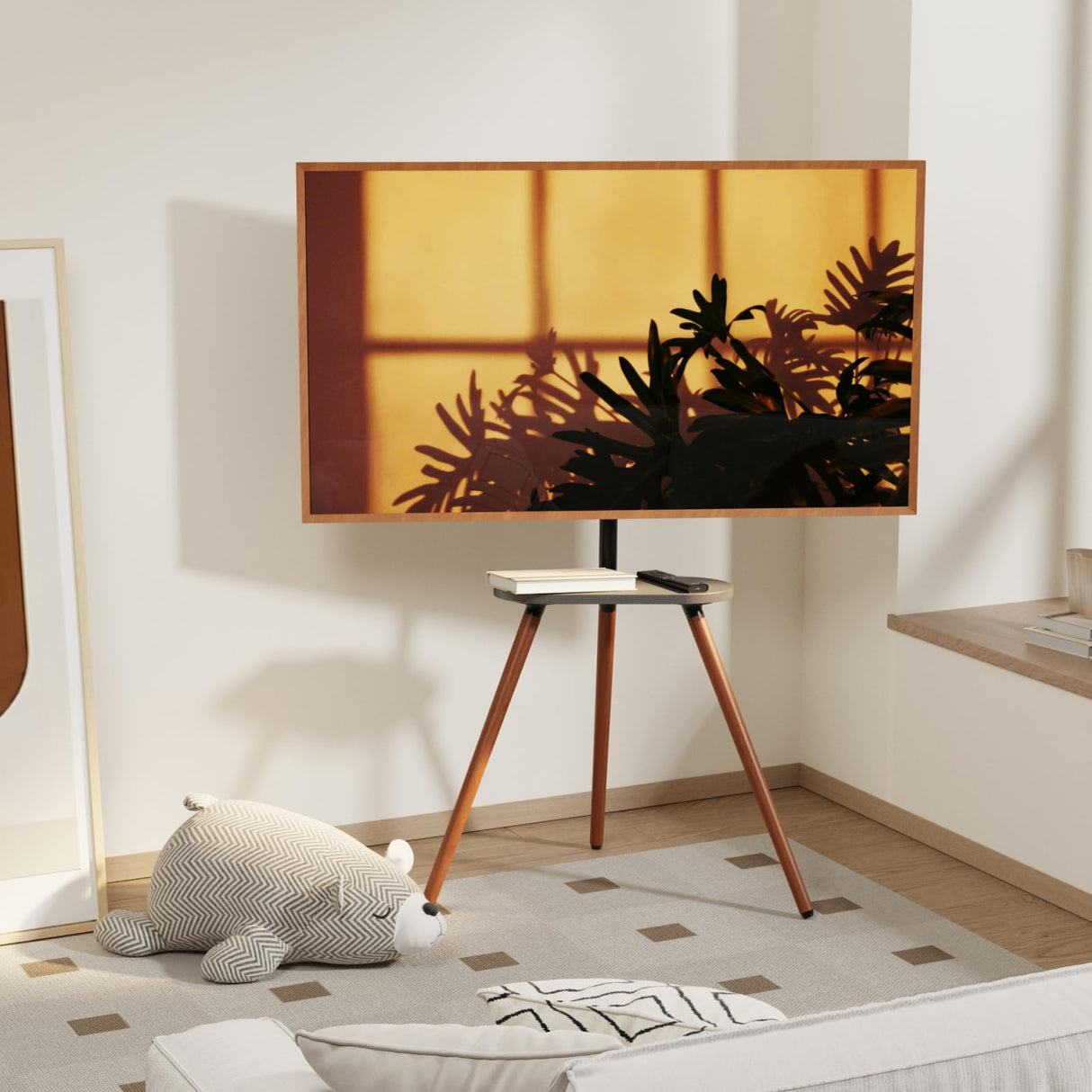 ECOTINY Tripod Easel TV Stand for 40 to 65 Inch LCD LED OLED Screen, Height Adjustable and Swievel TV Stand, Portable Corner TV Floor Stand with Wooden Tray, VESA 400x400mm, Minimalist Black Walnut ECOTINY