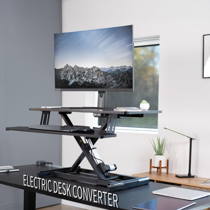 VIVO 36 inch Electric Motor Desk Converter, Height Adjustable Riser, Sit to Stand Dual Monitor and Laptop Workstation with Wide Keyboard Tray, Black, DESK-VE36B - WoodArtSupply