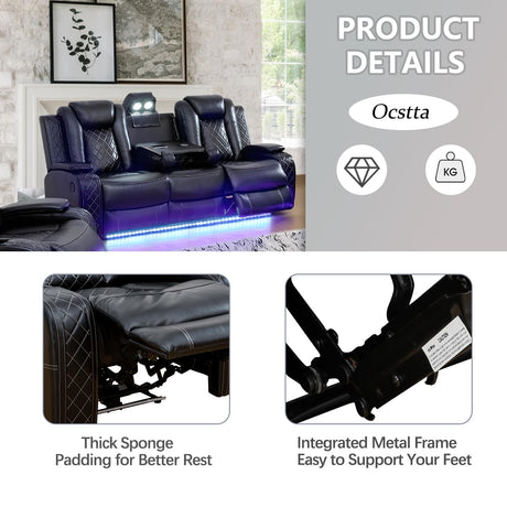 Ocstta Power Leather Recliner Sofa Set with LED Lights,Living Room Furniture Set, Breathing Leather Sofa Couch with USB Port/Storage Console/Cup Holders (3 Pieces Reclining Sofa Set, Black) Ocstta