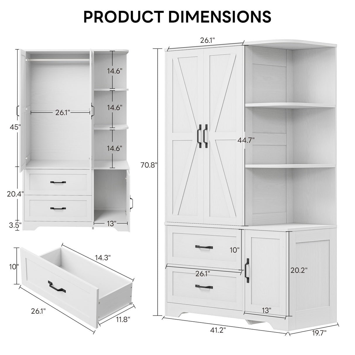 LIKIMIO Armoire Wardrobe Closet 70" H, Bedroom Wooden Wardrobe with 3 Doors 2 Drawers, Modern Clothing Storage Cabinet Combination with Storage Shelves and Hanging Rail, White LIKIMIO