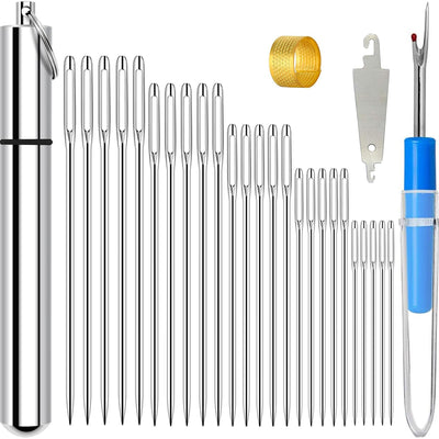 KYUEWRT 25 Large Eye Embroidery Needles, 5 Sizes Big Eye Hand Sewing Needles with Exquisite Aluminum Storage Tub for Stitching, Sewing and Hand-Made Projects