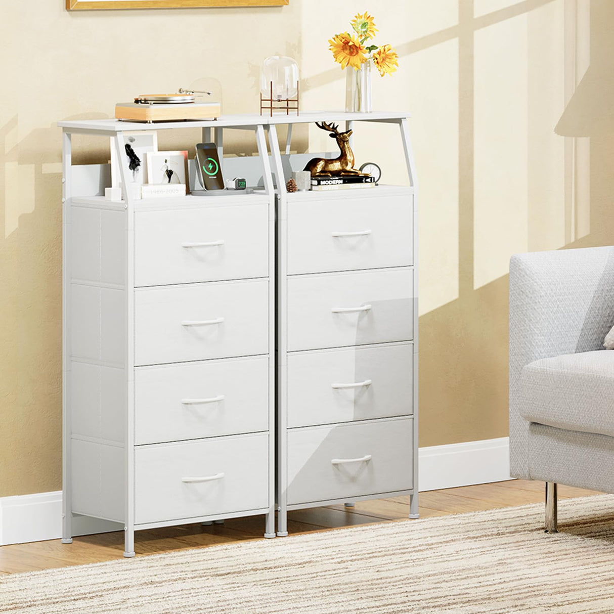 Somdot White Nightstand with Charging Station and LED Light for Bedroom, Tall 4 Drawers Dresser with Fabric Bins for Bedside Kids Dorm Room Closet Laundry Entryway, White Leather Somdot