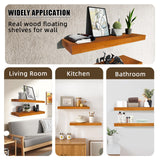 Beneouya 24 Inch Floating Shelves, Bathroom Wooden Shelves for Wall Mounted, Rustic Farmhouse Floating Shelves, Solid Wood Wall Shelves for Storage, Set of 2, Honey Oak Beneouya
