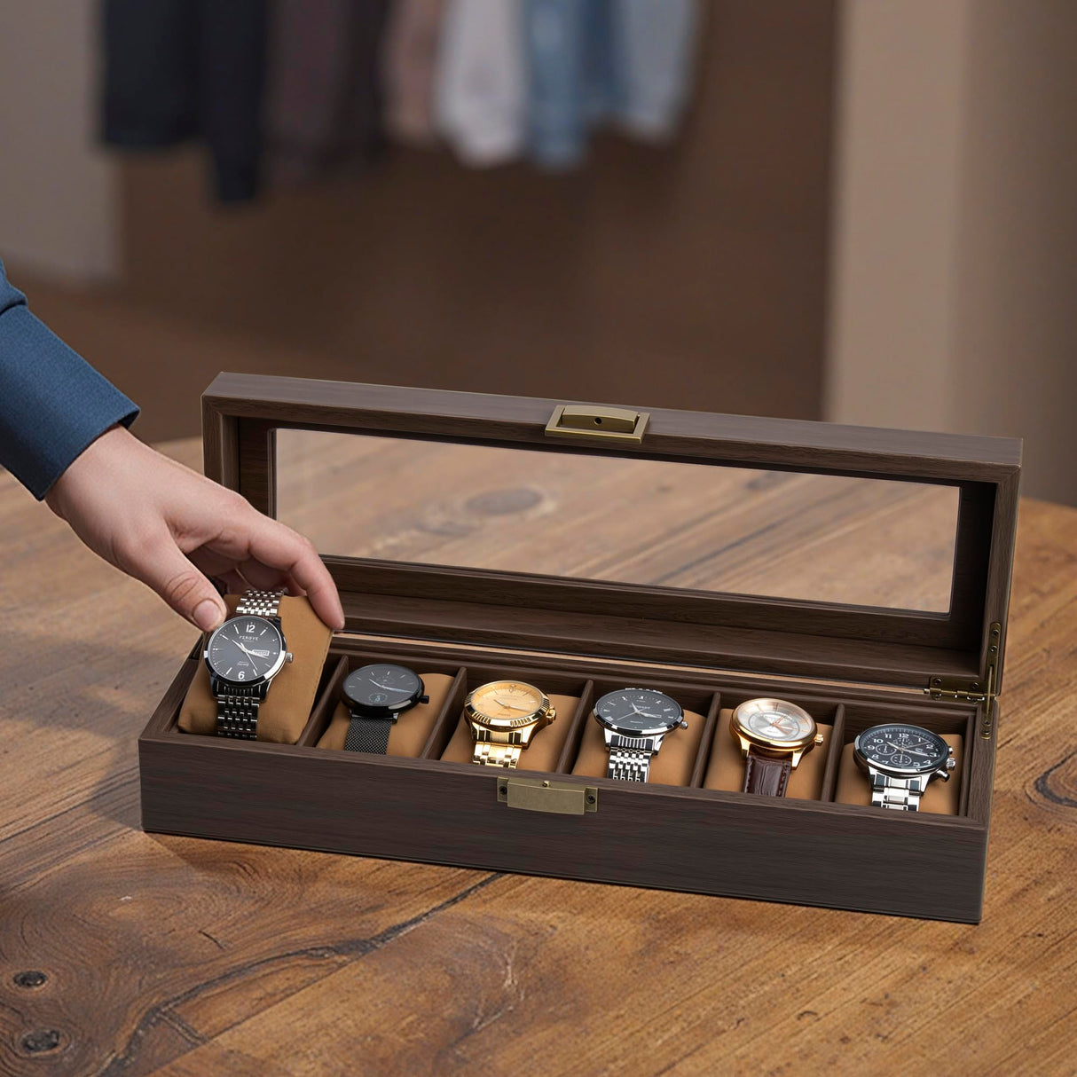 Lonian Watch Box, Watch Case for Men 6 Slots Wood Storage Watch Case Organizer with Glass Display Top Exquisite and Durable Lonian