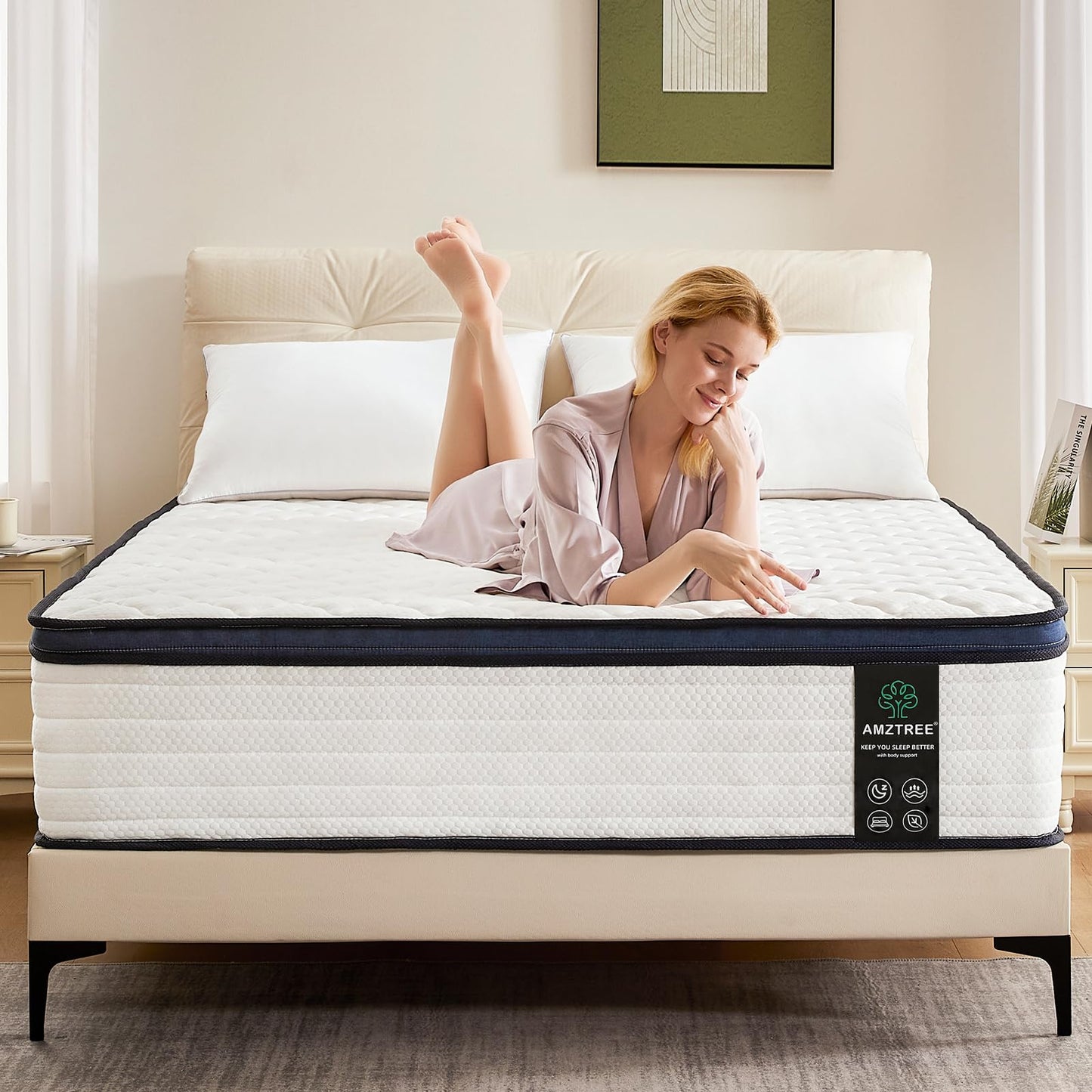 Amztree Queen Mattress 14 Inch Queen Size Mattresses - Memory Foam & Pocket Coils Springs, Pressure Relief, Medium Firm Comfort, Motion Isolation, Ideal for All Sleep Positions, CertiPUR-US Certified