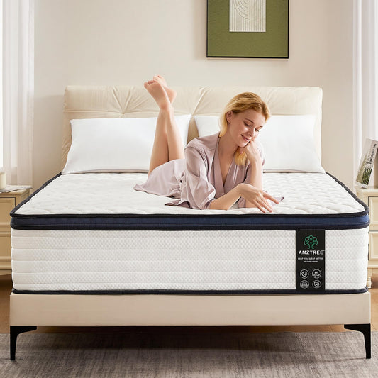 Amztree Queen Mattress 14 Inch Queen Size Mattresses - Memory Foam & Pocket Coils Springs, Pressure Relief, Medium Firm Comfort, Motion Isolation, Ideal for All Sleep Positions, CertiPUR-US Certified