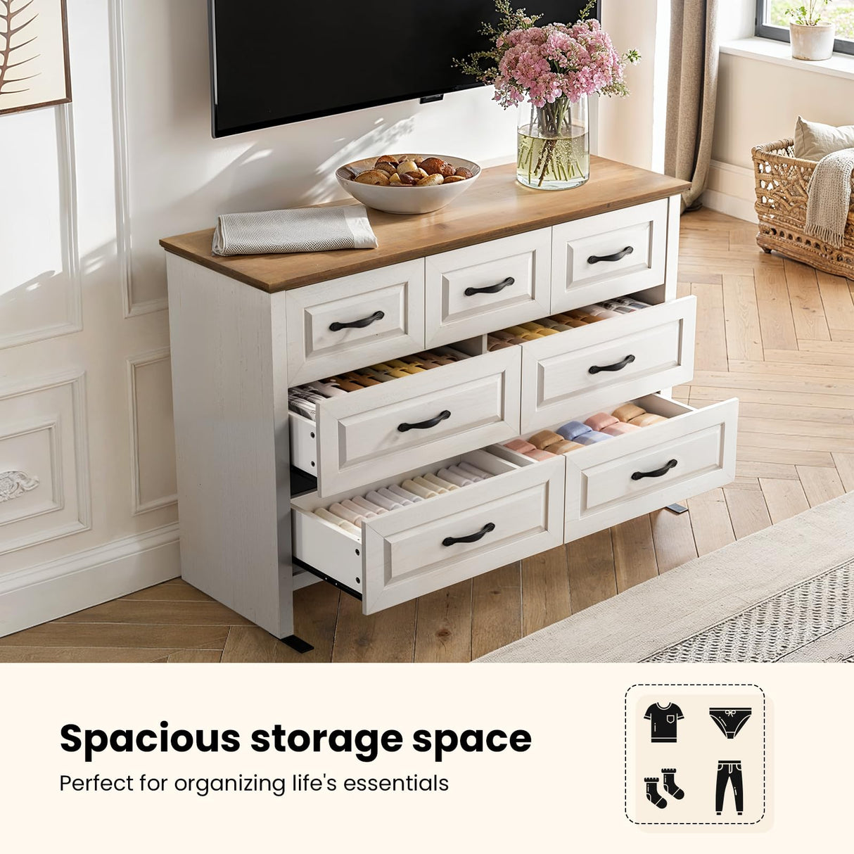 Amada Farmhouse 7 Drawer Dresser for Bedroom, 47.2 Inch Wide Wood Dresser with Natural Texture, Large Drawers, Rustic Farmhouse Chest of Drawers for Bedroom, Living Room, Hallway, Brown & White AMADA HOMEFURNISHING