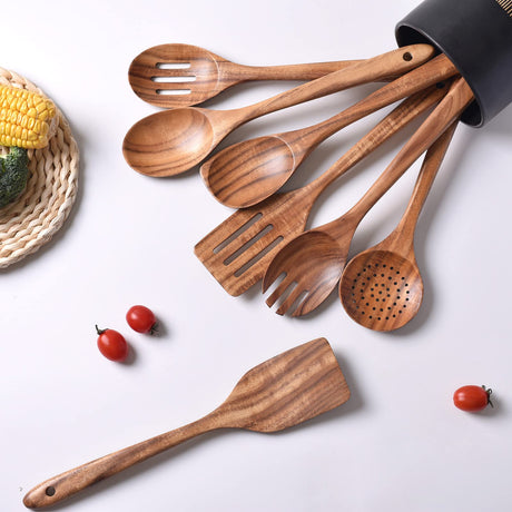 Gudamaye 13 inch Long Wooden Utensils for Cooking, Long Handle Wooden Spoons for Cooking, 7 PCES Crafting Wooden Spoon Set, Wooden Kitchen Utensil set, Natural Teak Wooden utensil Set Gudamaye