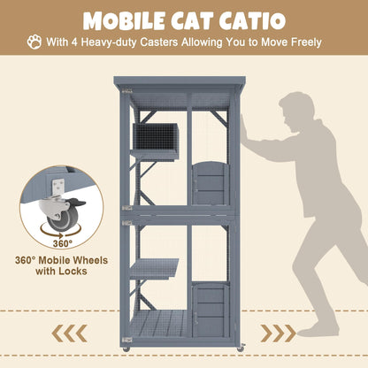 PETVILLE Catio Outdoor Cat House, Wooden Large Enclosure with Run on Wheels, 64" Outdoor/Indoor Cat Catio for Multiple Cats W/Waterproof Roof, Platforms, Resting Box, Cat Scratching Post - WoodArtSupply