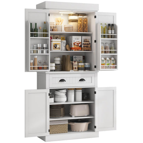 HOMCOM 71" Kitchen Pantry Cabinet with Motion Sensor Light, Tall Storage Cabinet with 6 Door Shelves, a Drawer & 4 Adjustable Shelves, for Living Room, Dining Room, White HOMCOM